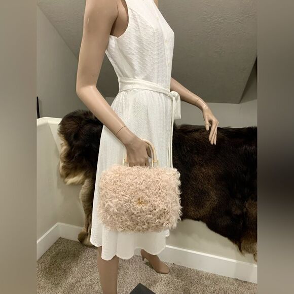 Beige Genuine Curly Shearling Top Handle & Fold Over Flap Purse, Crossbody - Picture 7 of 13